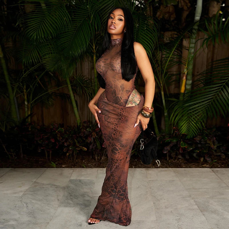 Leopard Print Mesh Skirt Set with Sleeveless Bodysuit VestiVogue Brown L