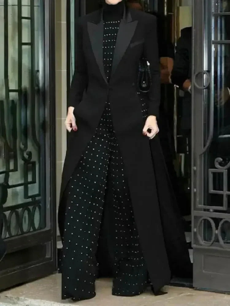 Elegant Extra-Long Notched Collar Blazer Coat with Split-Side Design VestiVogue