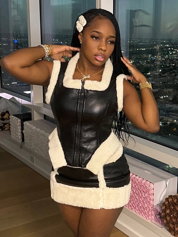 Chic Patchwork Two-Piece Set with Zip-Up Crop Top and High-Waisted Mini Skirt VestiVogue