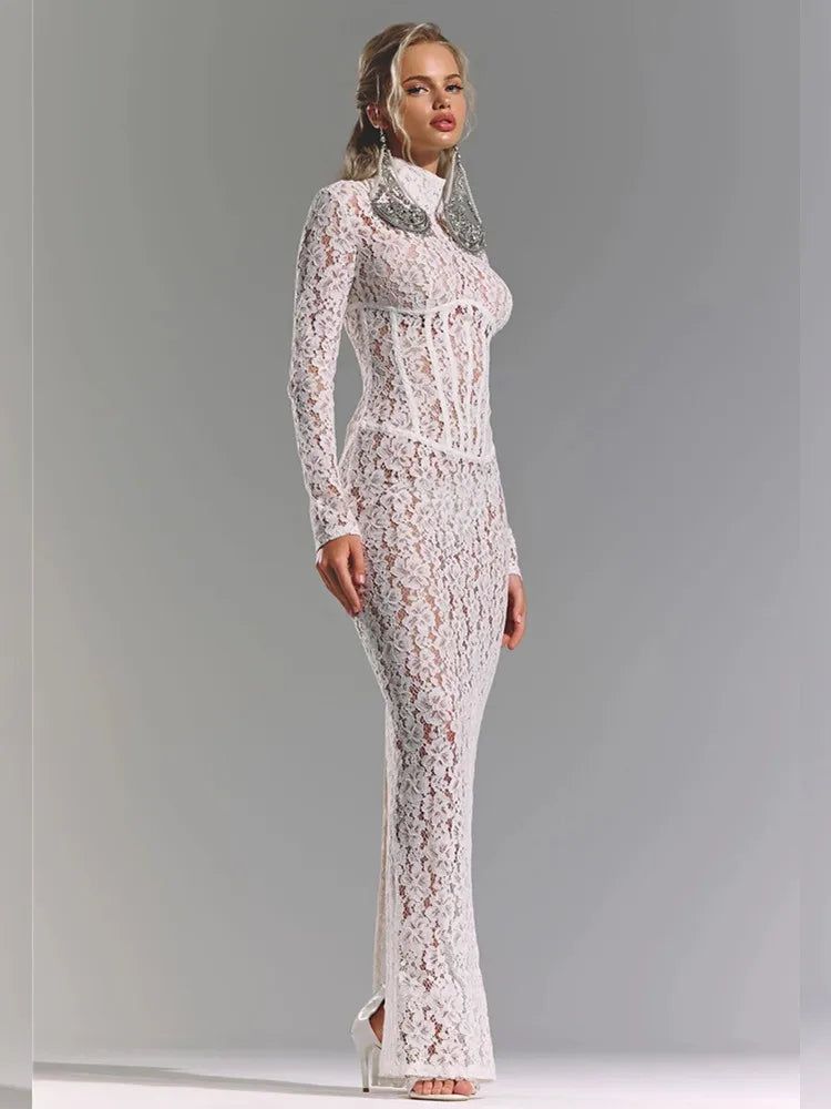 Elegant White Lace Maxi Dress with Long Sleeves and Turtleneck VestiVogue