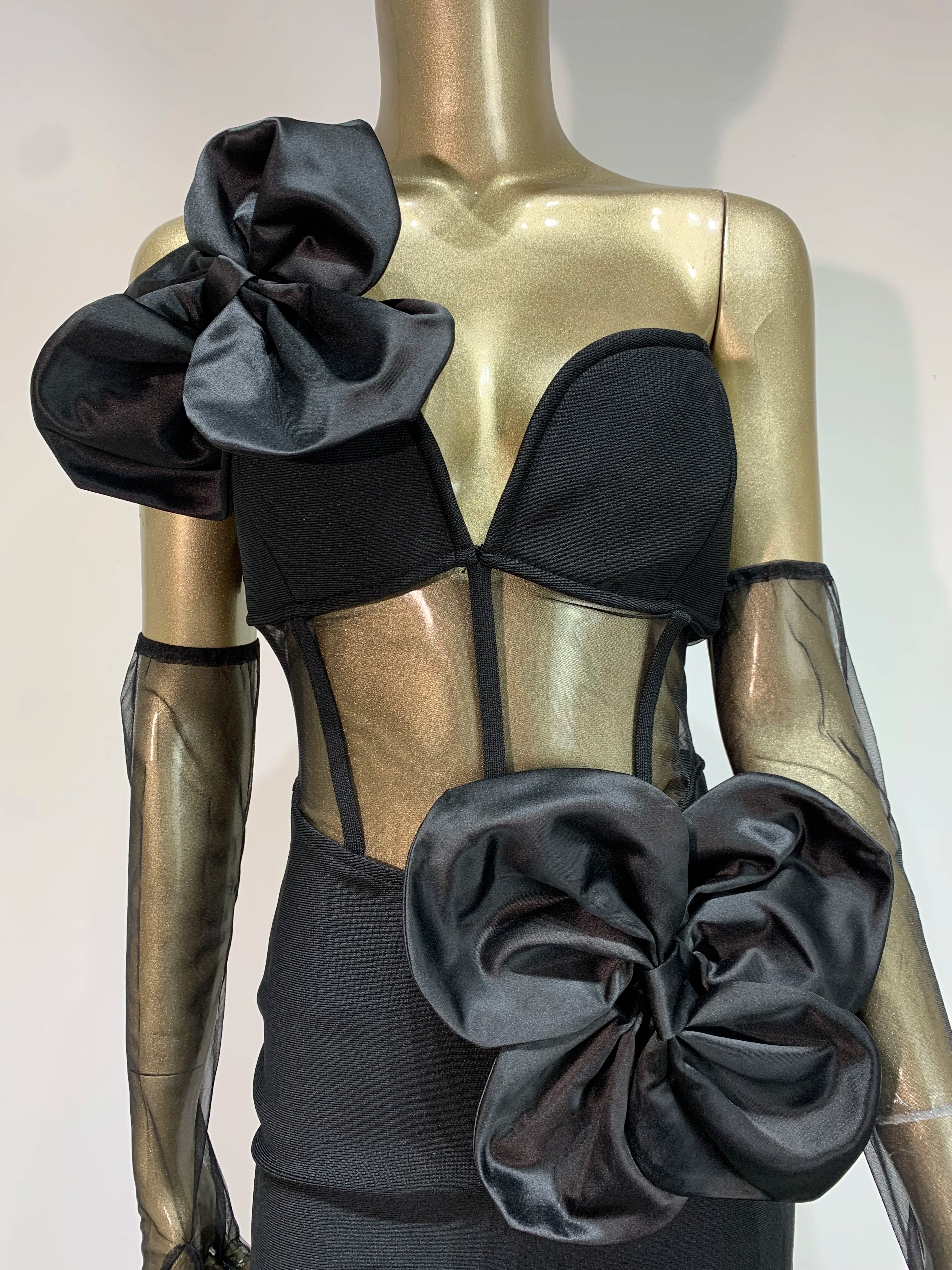 One-Shoulder Black Mesh Bodycon Midi Dress with Diamond Accents VestiVogue