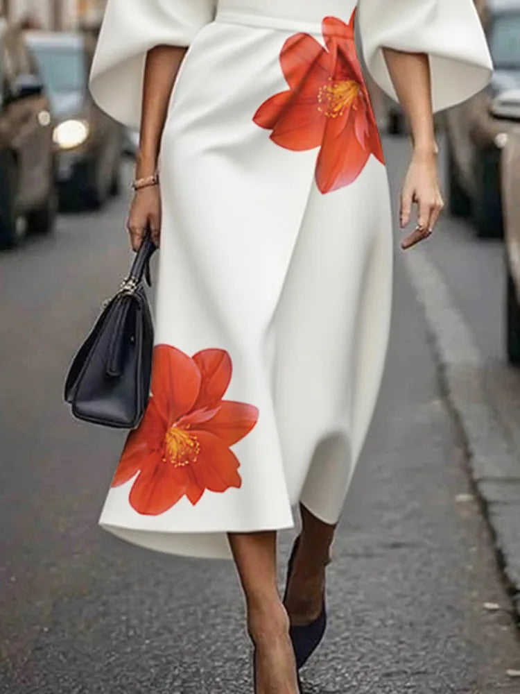 Floral Printed White High Waist Flare Sleeve Dress VestiVogue