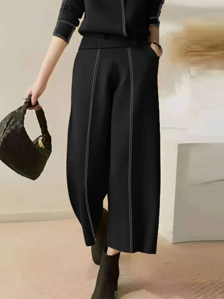 Chic Stand Collar Top & High Waist Wide Leg Pants Ensemble VestiVogue