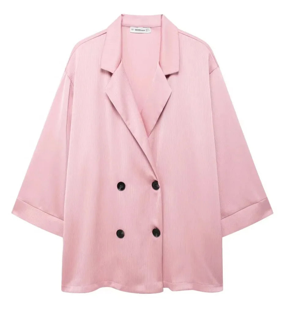 Chic Double-Breasted Blazer & Wide-Leg Pants Set VestiVogue pink only top M