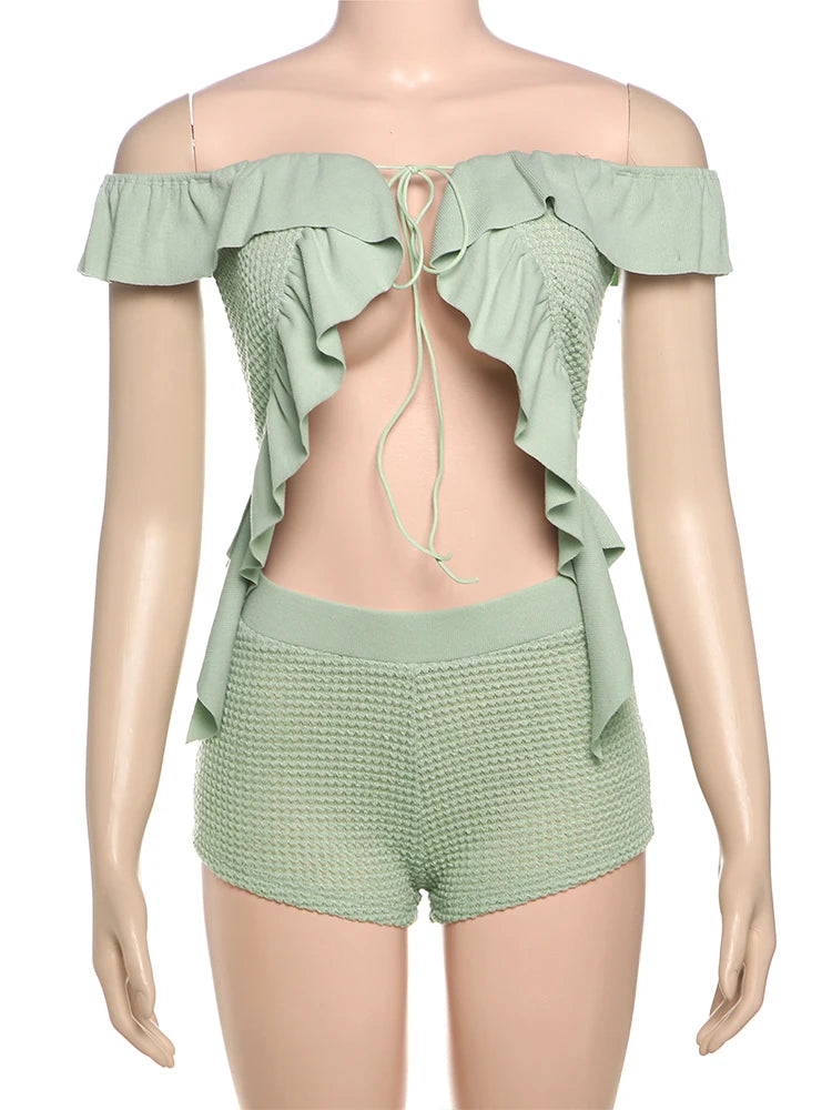 Elegant Slash Neck Ruffled Crop Top & Shorts Set VestiVogue