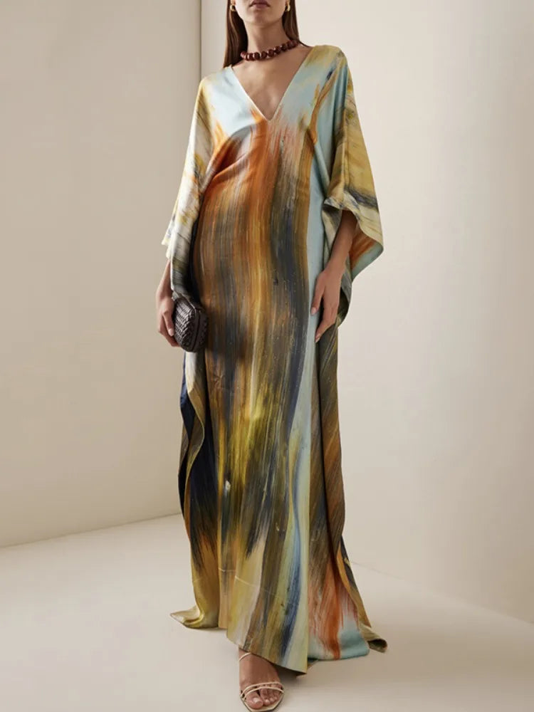 Chic Deep V-neck Batwing Maxi Dress with Ruffle Details VestiVogue As picture L