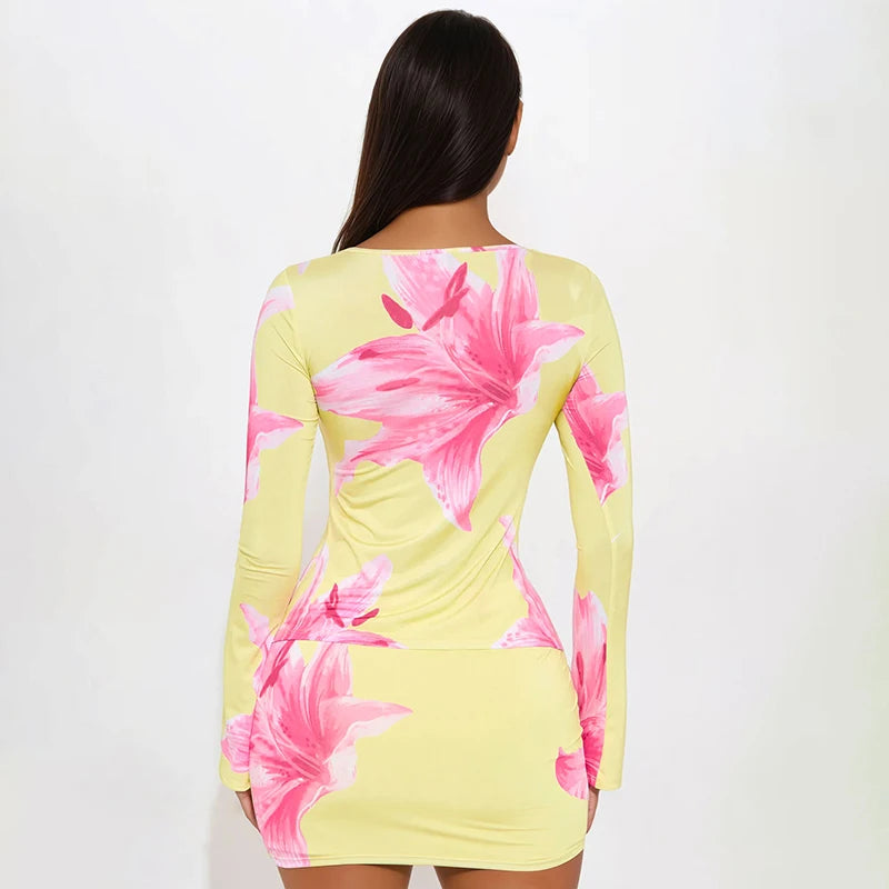 Floral Print V-Neck Slit Top and Mini Skirt Set VestiVogue