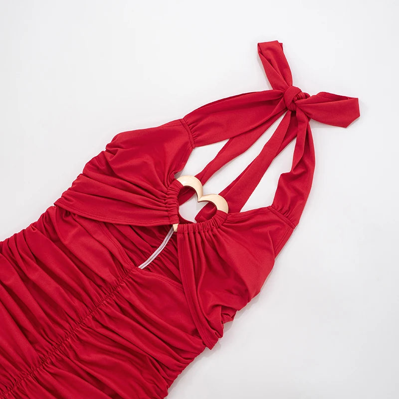 Backless Pleated Hollow-Out Short Dress with Tie Straps VestiVogue