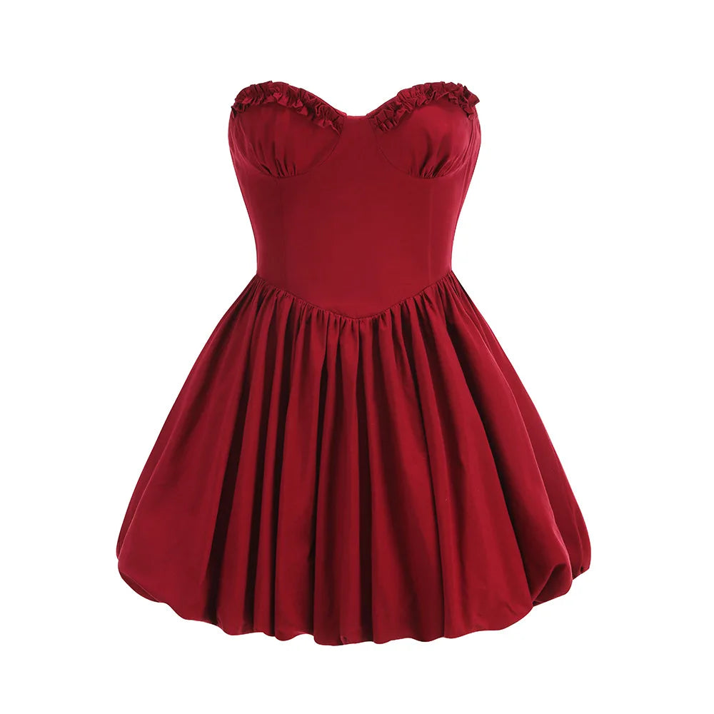 Burgundy Ruffles Strapless Mini Dress VestiVogue