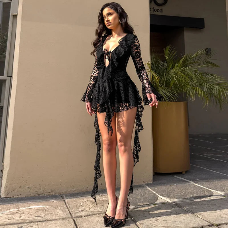 Elegant Patchwork Lace Mini Dress with Ruffle Tie & Flare Sleeves VestiVogue