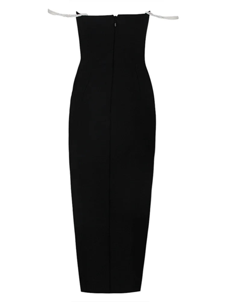 Elegant Off-Shoulder Black Pearl Split Midi Dress VestiVogue