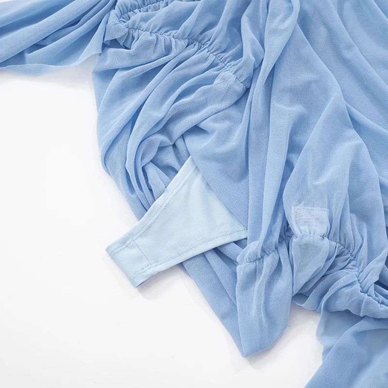 Mesh Patchwork Pleated Slim Dress with Fluttering Details VestiVogue