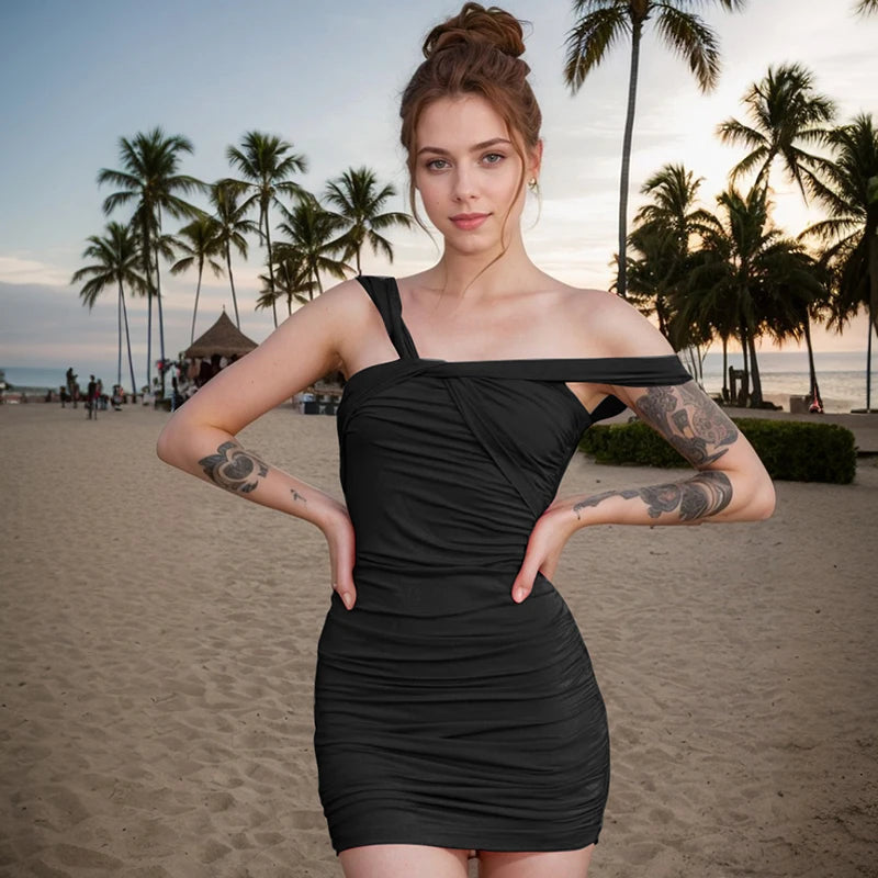 Asymmetric One-Shoulder Pleated Camisole Dress VestiVogue Black S