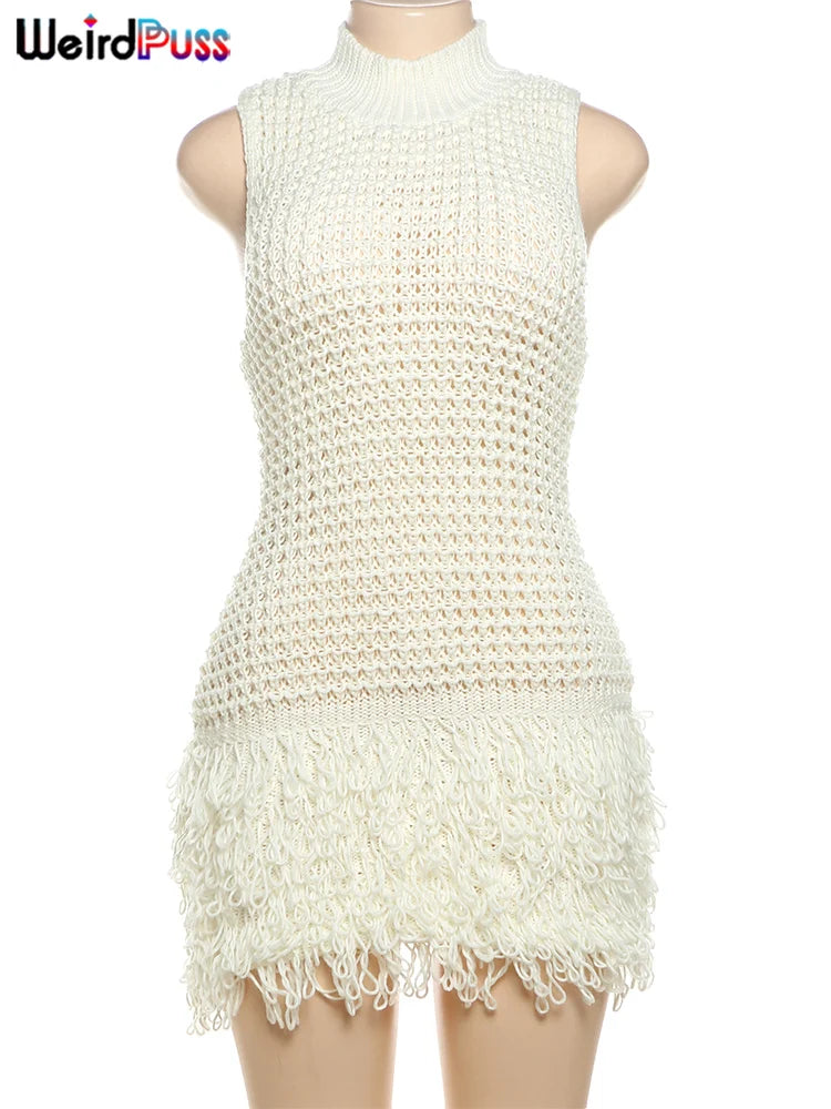 Crochet Tassel Mini Bodycon Dress VestiVogue