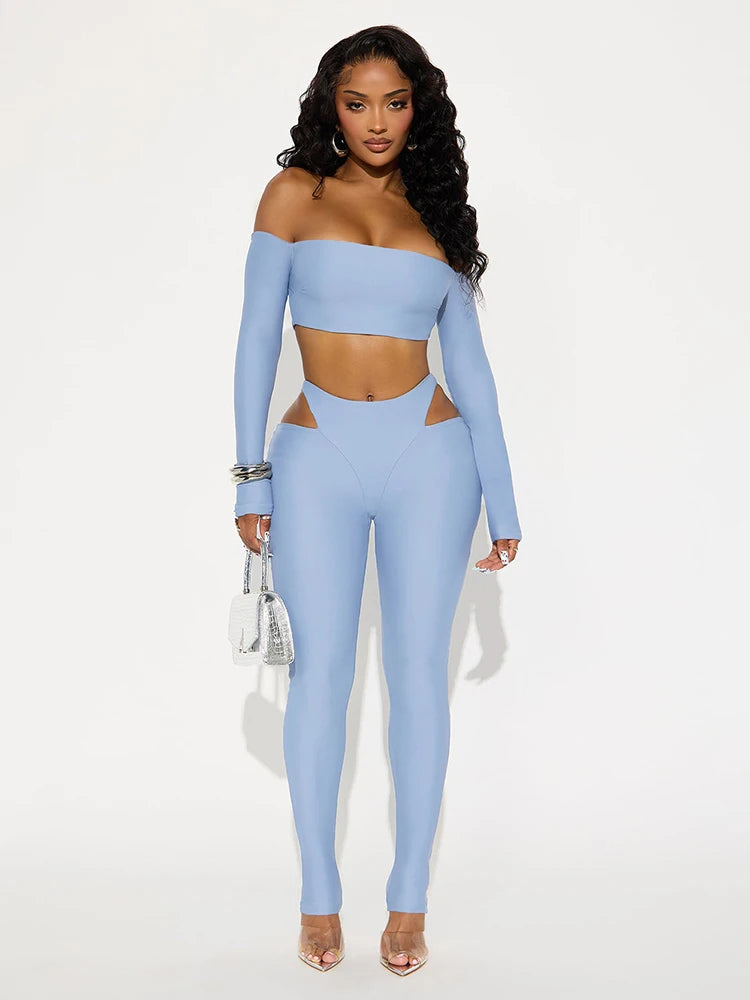 Chic Slash Neck Crop Top & High-Waist Hollow Leggings Set VestiVogue Blue S