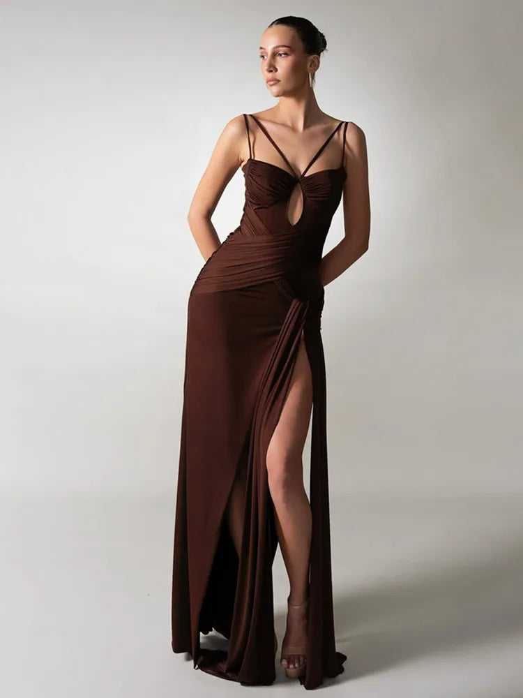 Elegant Brown Ruched Bodycon Maxi Gown VestiVogue Brown L