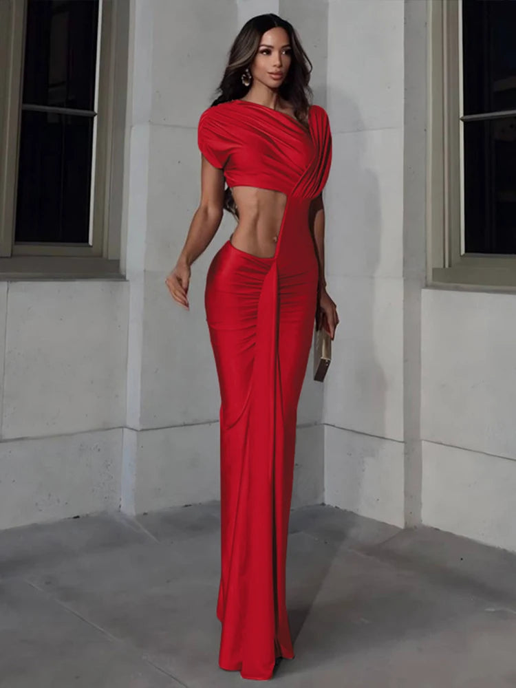 Irregular Hollow Bodycon Dress with Diagonal Collar and Slit Details VestiVogue Red L