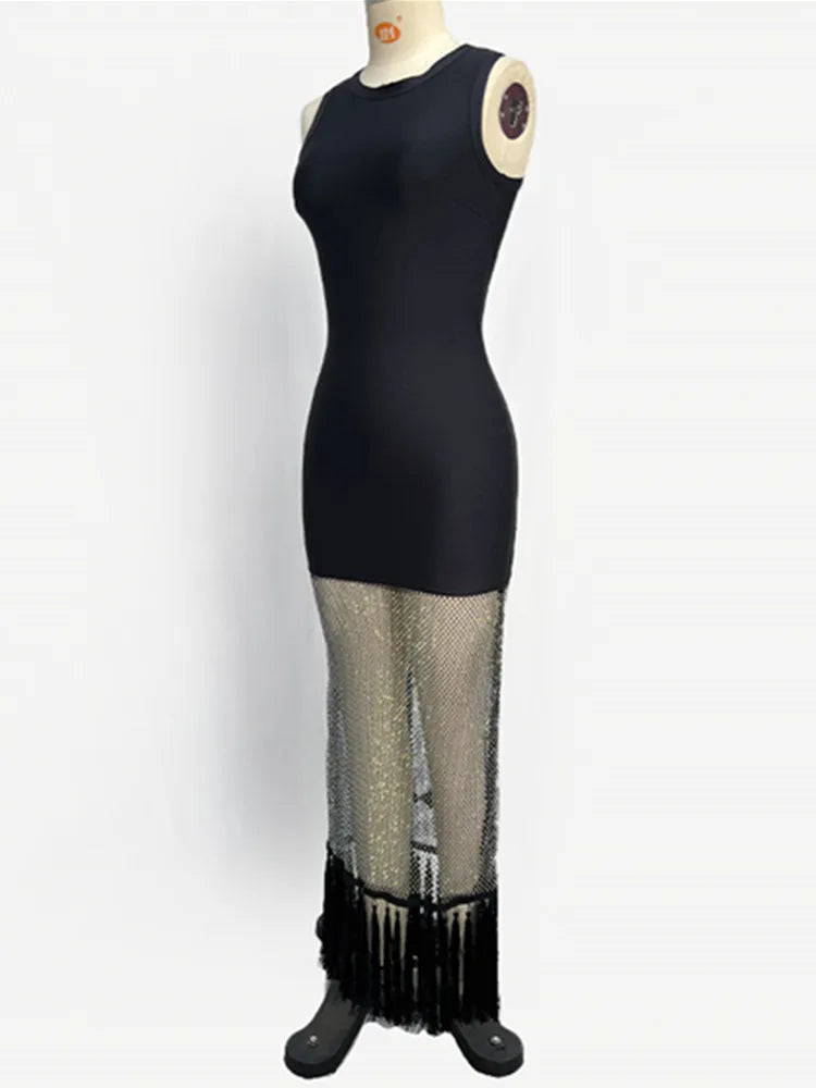 Elegant Black Bodycon Maxi Dress with Diamond Beading VestiVogue