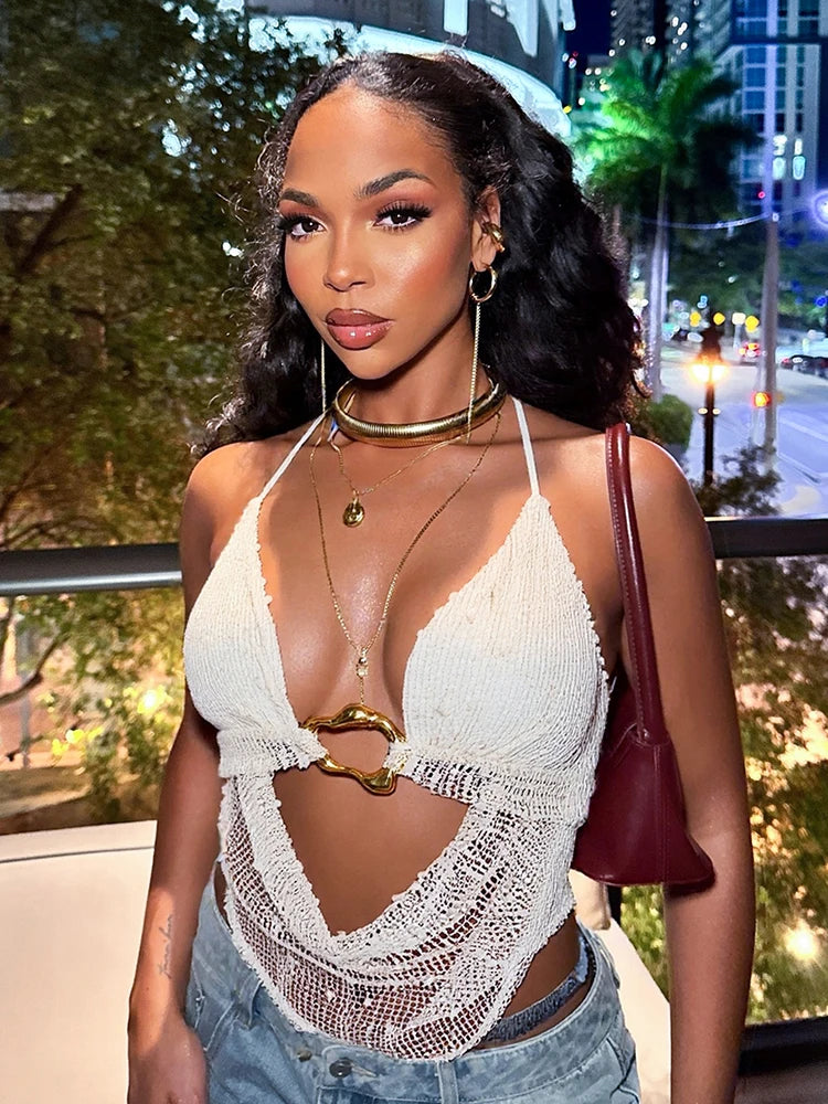 Hollow Mesh Backless Plaid Halter Top VestiVogue WHITE S