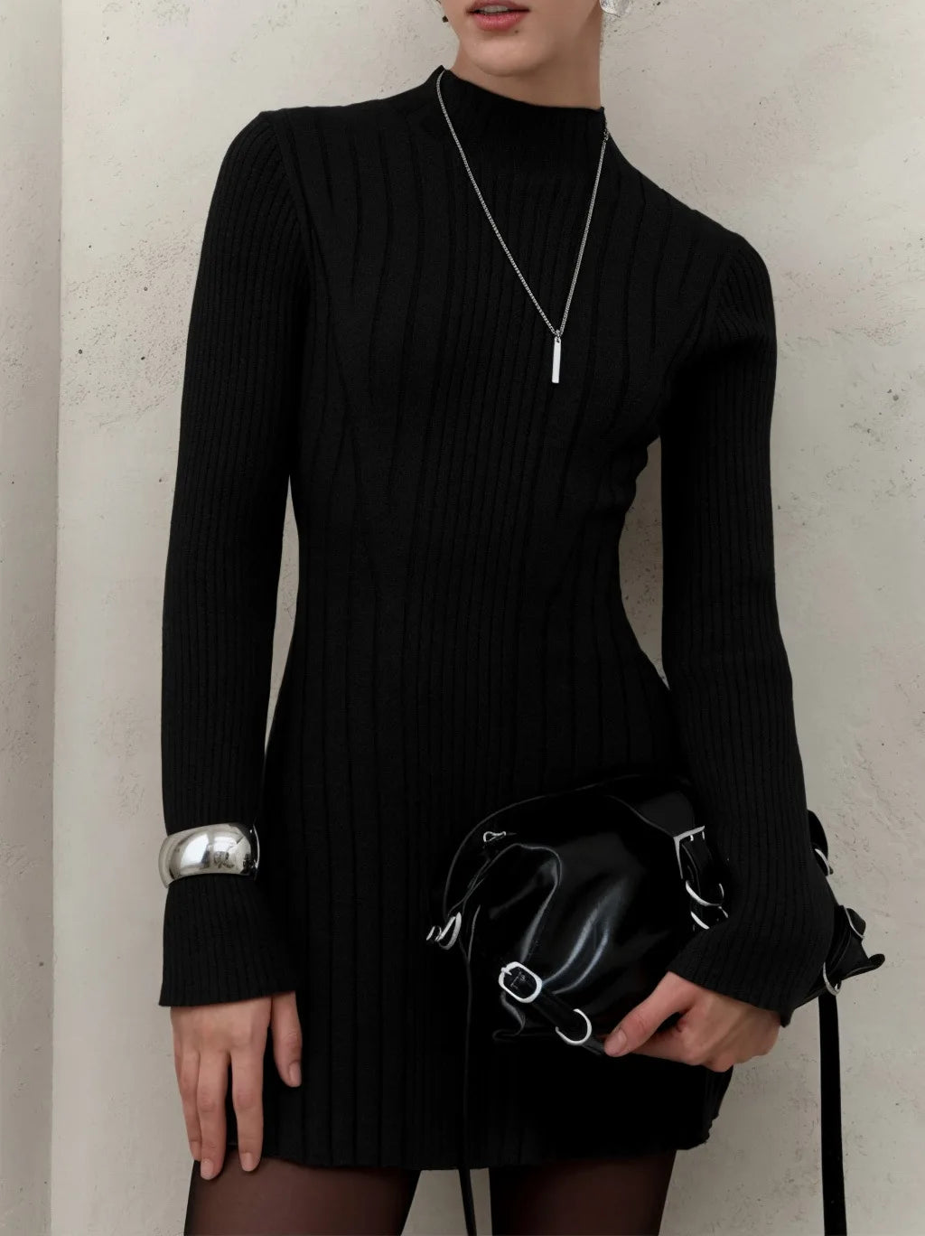 Elegant A-Line Knitted Dress with Semi-High Neck and Long Sleeves VestiVogue Black 9677 M
