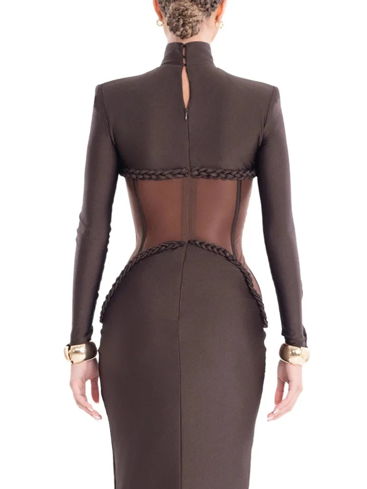 Elegant Brown Bodycon Maxi Gown with Turtleneck and Full Sleeves VestiVogue