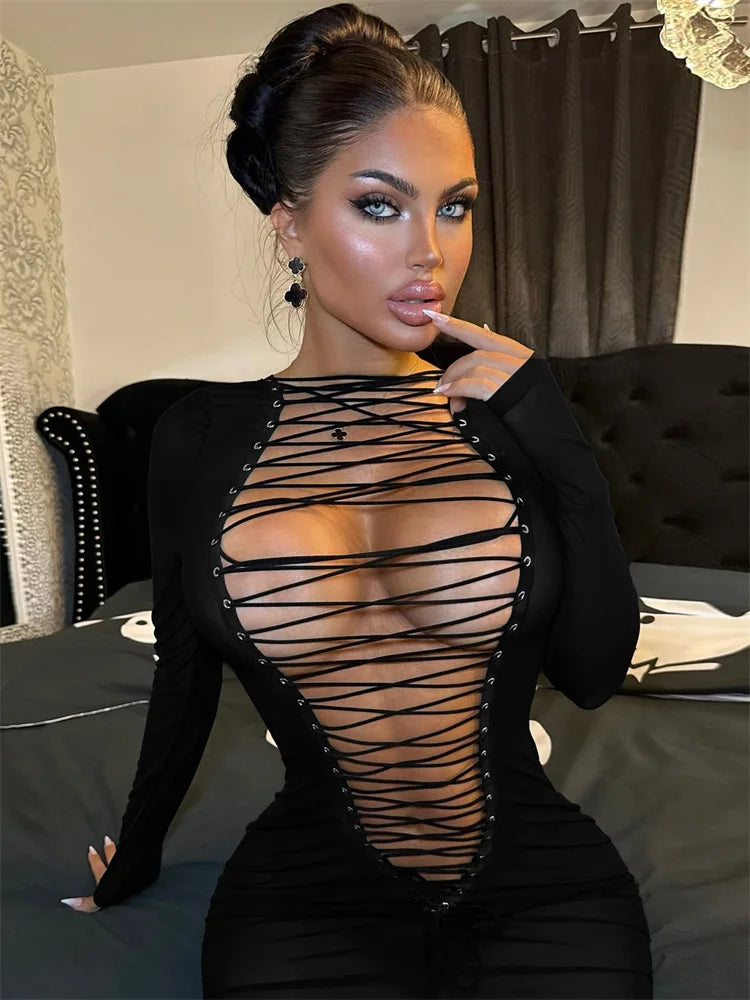 Alluring O-Neck Mini Dress with Hollow-Out Detailing VestiVogue