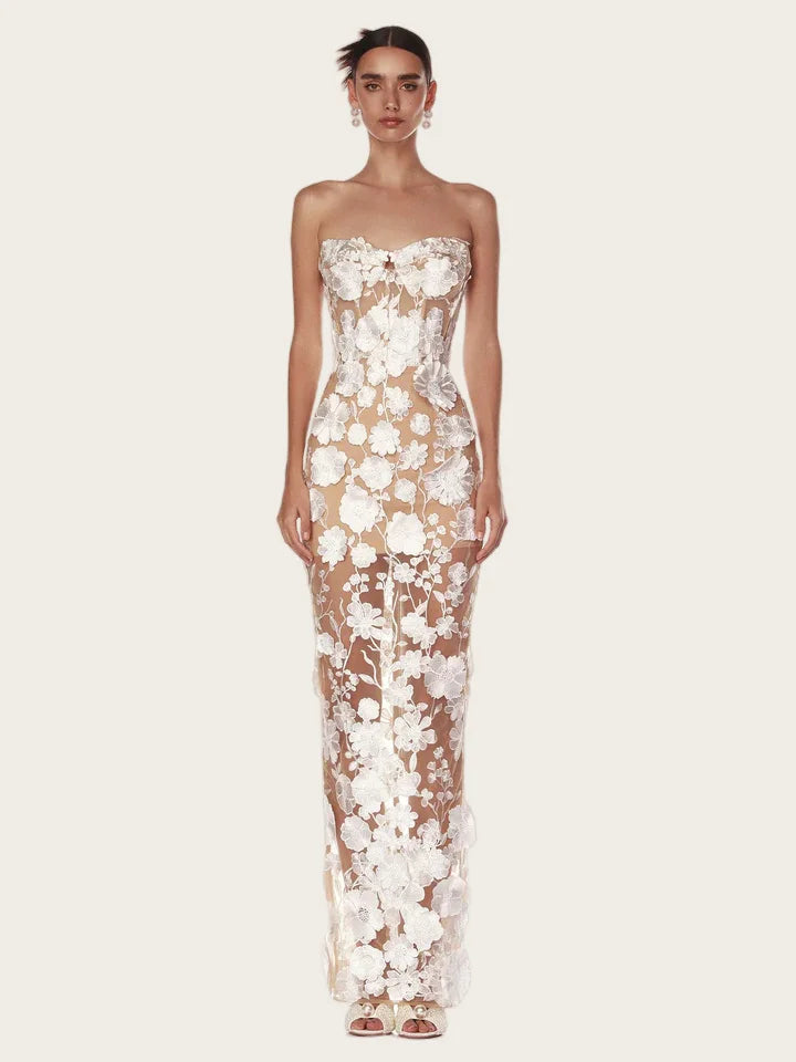 Strapless Embroidered Flower Bodycon Gown VestiVogue Beige S