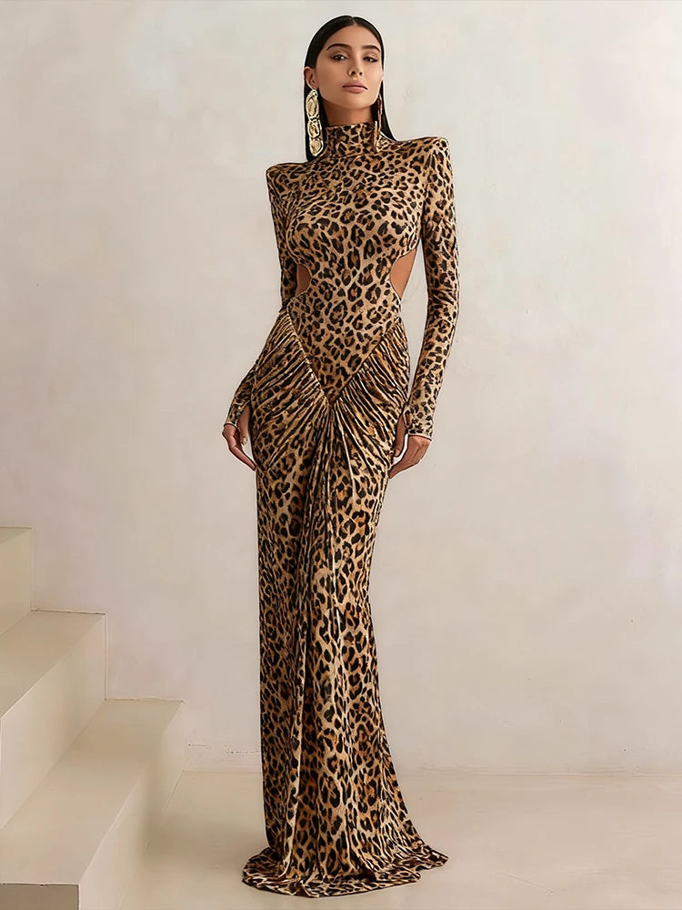 Leopard Print Turtleneck Backless Long Dress VestiVogue