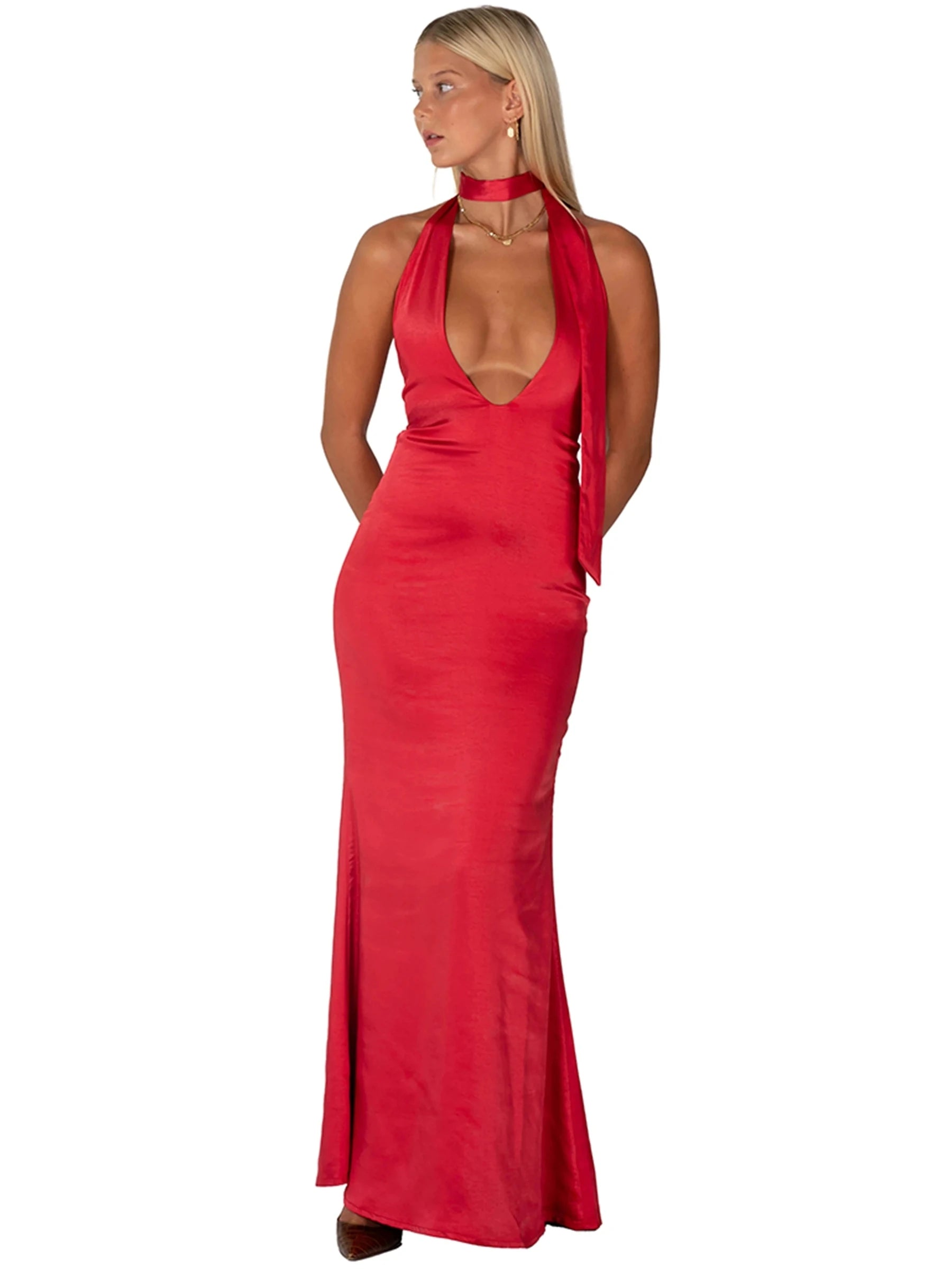 V-Neck Satin Open Back Evening Dress VestiVogue