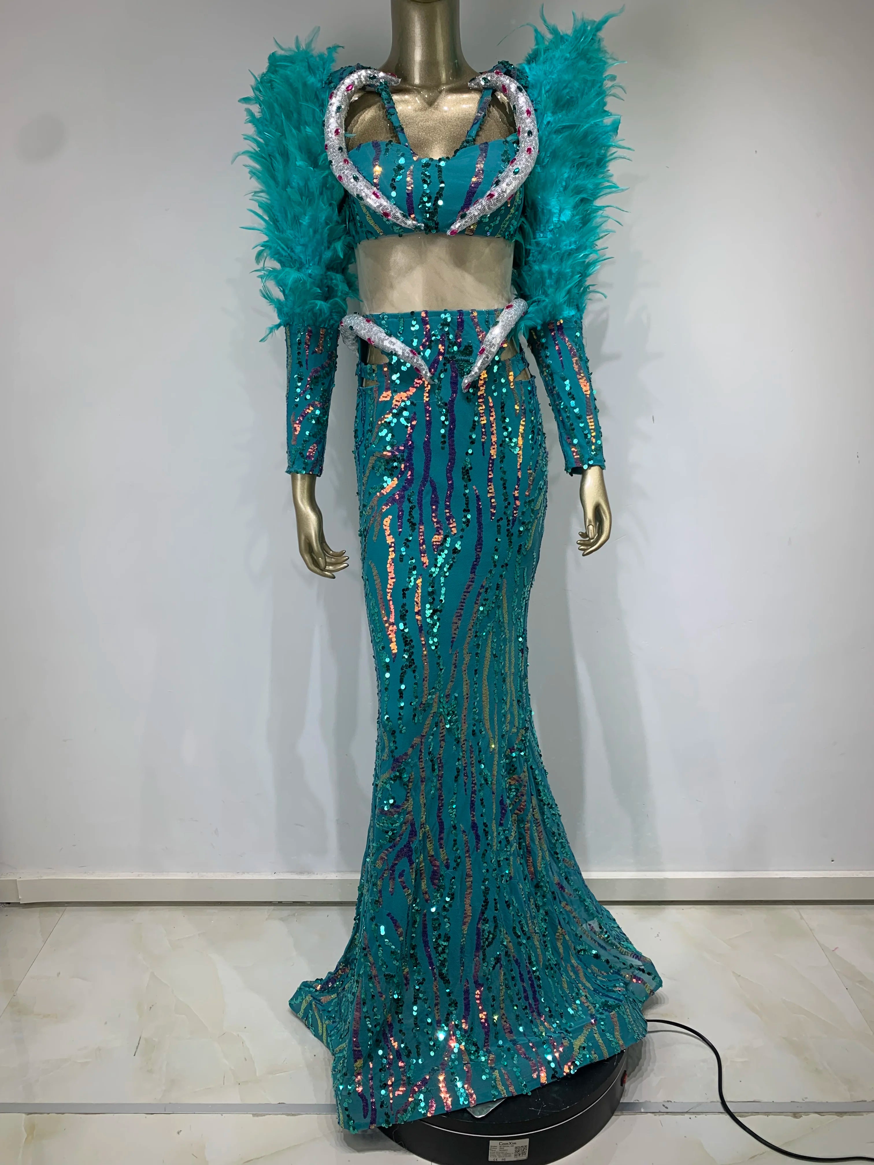 Elegant Green Sequin & Feather Long Sleeve Mermaid Maxi Gown VestiVogue