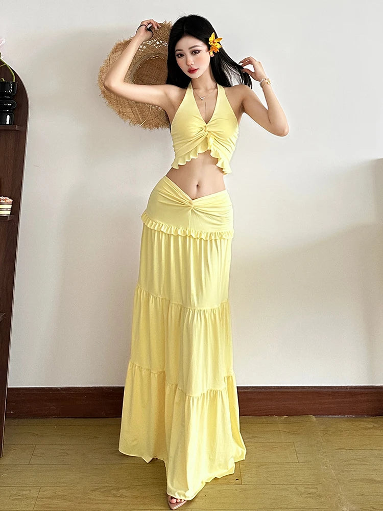 Chic Halter Ruffle Trim Two-Piece Summer Set VestiVogue