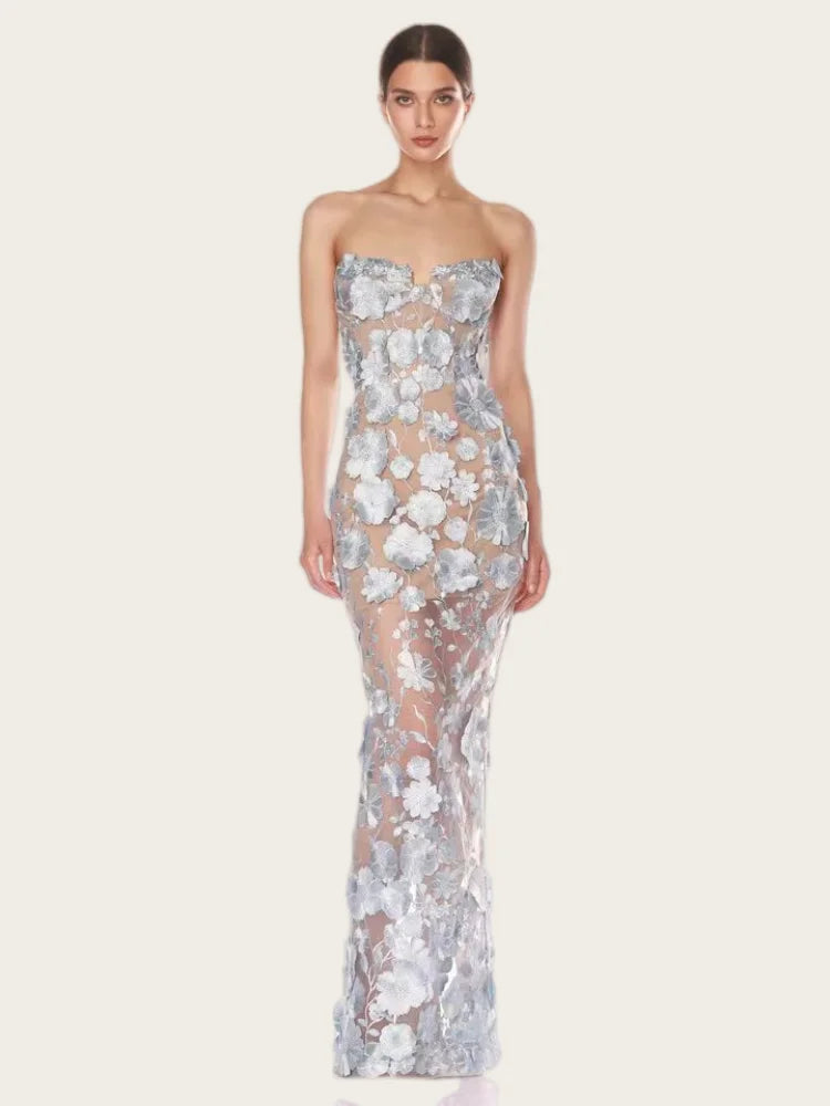 Strapless Embroidered Flower Bodycon Gown VestiVogue SKY BLUE S