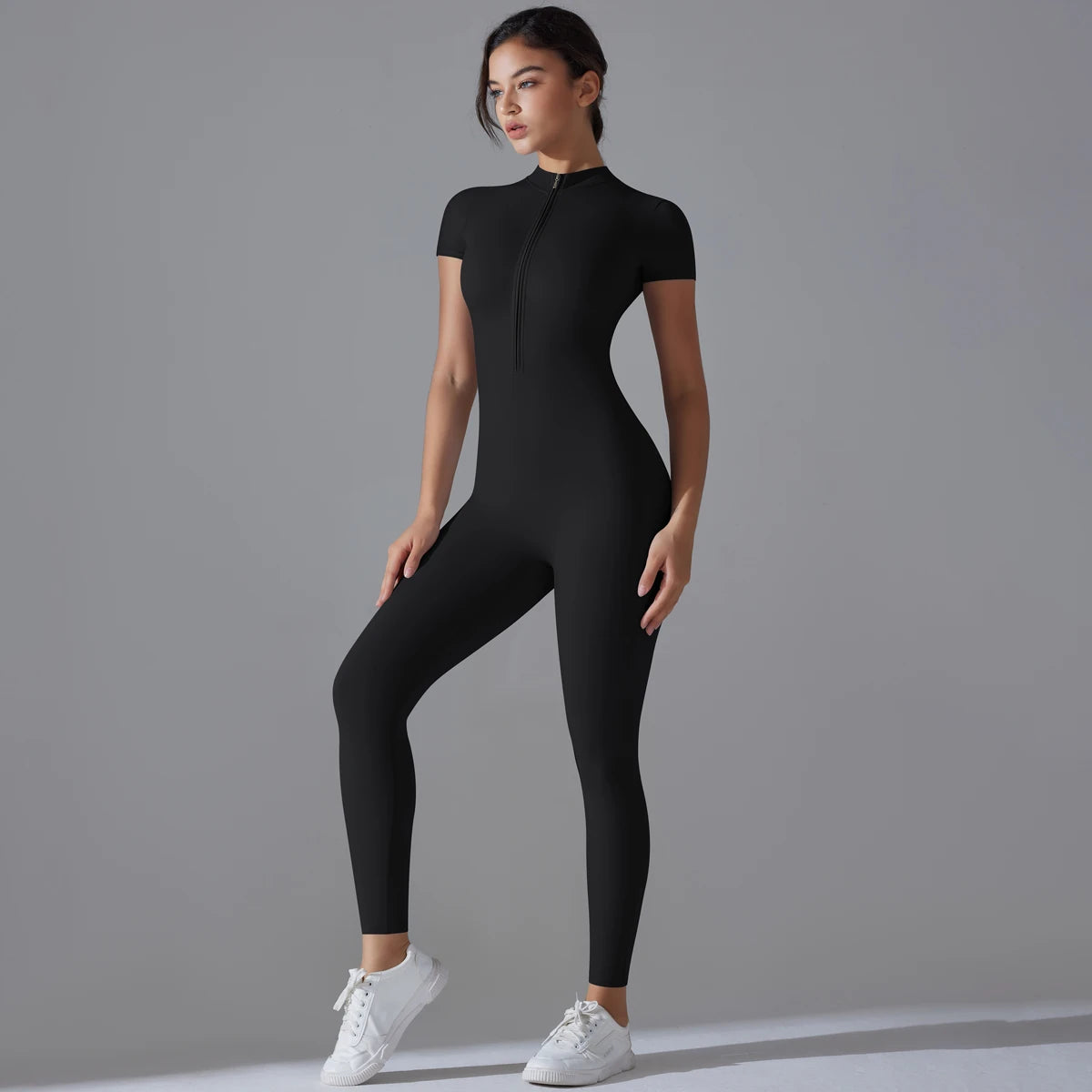 Women's Zipper Bodysuit Fitness Jumpsuit VestiVogue XL Black