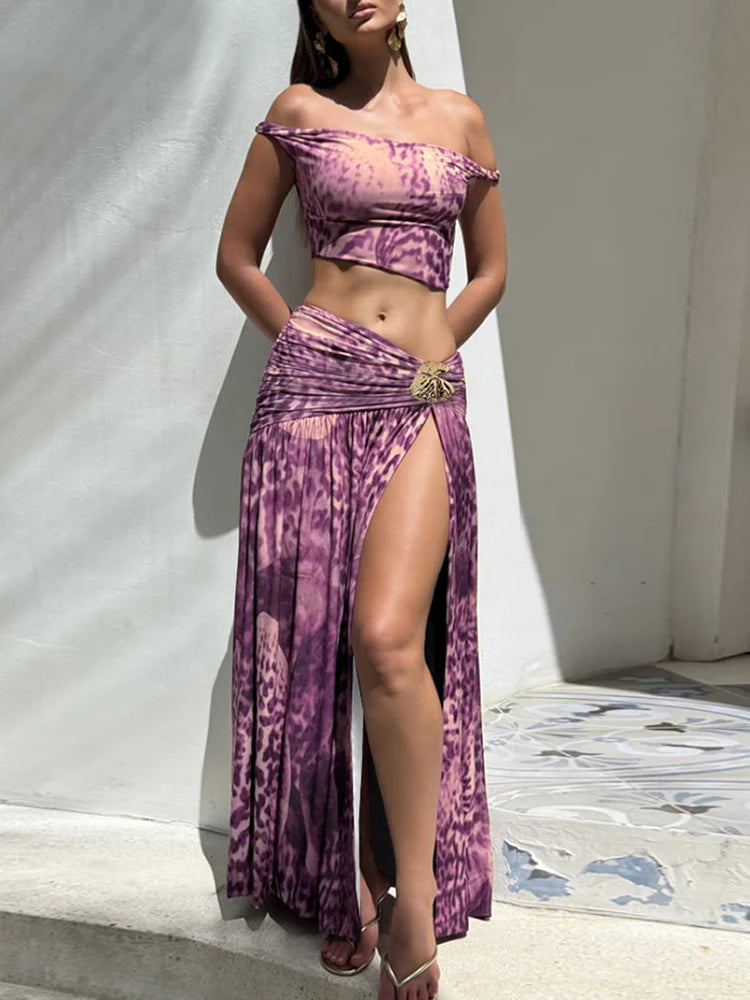 Off Shoulder Pleated Crop Top and Skirt Set VestiVogue