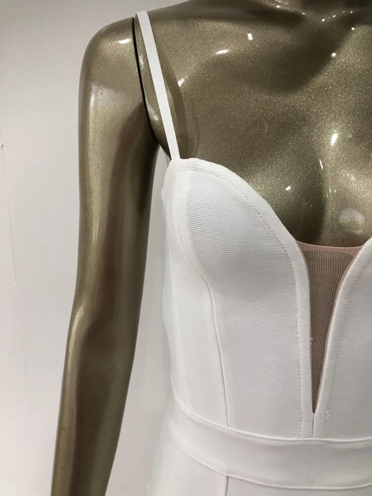 V Neck Backless Mesh Mini Bodycon Dress in White & Black VestiVogue