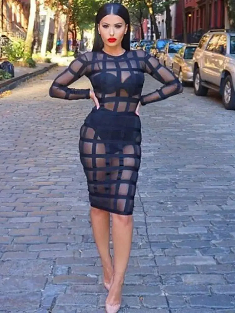 Black See-Through Bandage Bodycon Dress VestiVogue