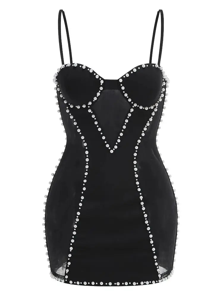 Sleeveless Black Pearl Party Dress VestiVogue