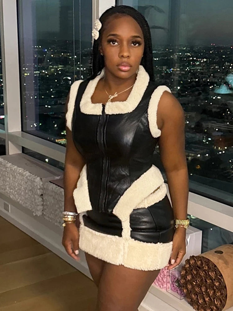 Chic Patchwork Two-Piece Set with Zip-Up Crop Top and High-Waisted Mini Skirt VestiVogue