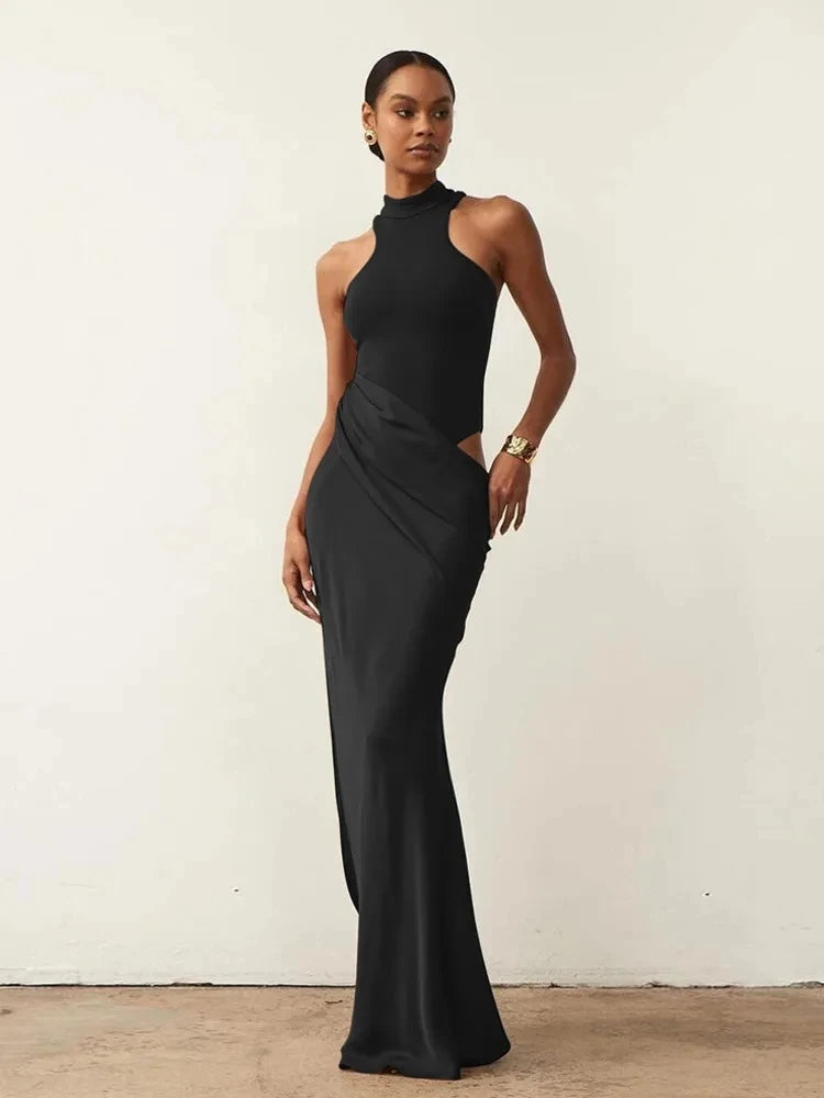 Elegant Black Satin Hollow-Out Maxi Dress with High Waist VestiVogue Black S