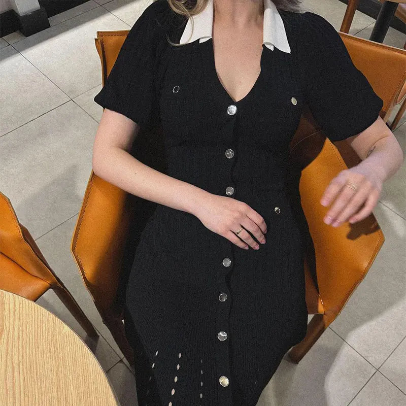 Elegant Contrast Knitted Dress with Lapel & Hollow-Out Detail VestiVogue