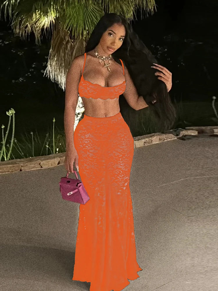 Luxe Lace 2-Piece Midriff Camisole and Long Skirt Set VestiVogue