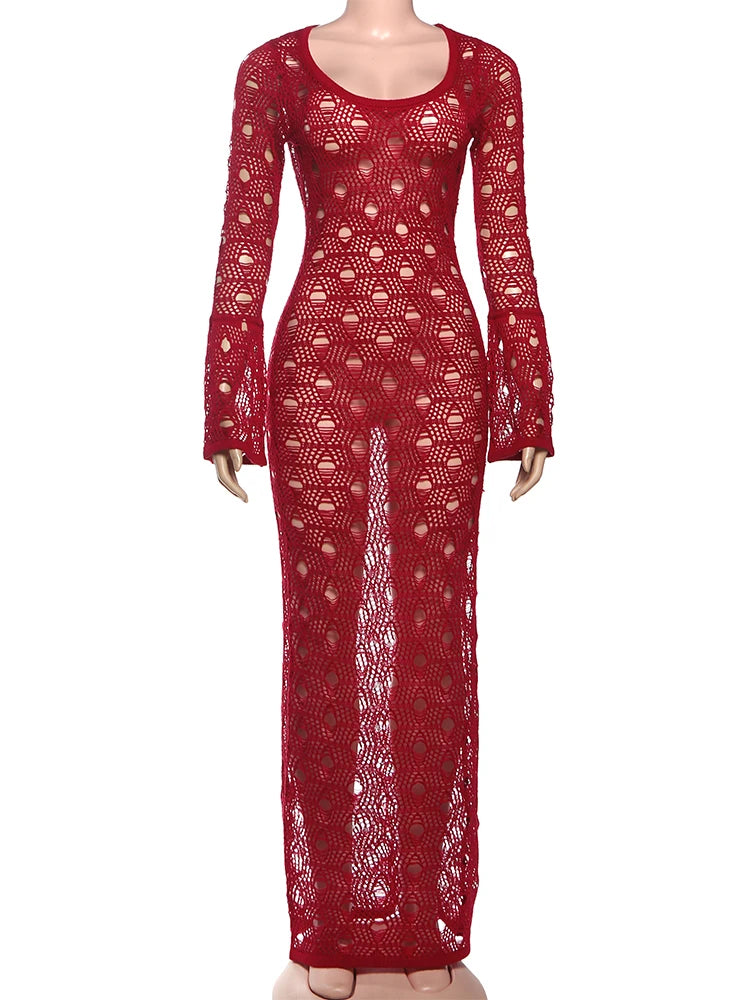 Hollow Low-Neck Stretch Midi Dress with Full Sleeves VestiVogue