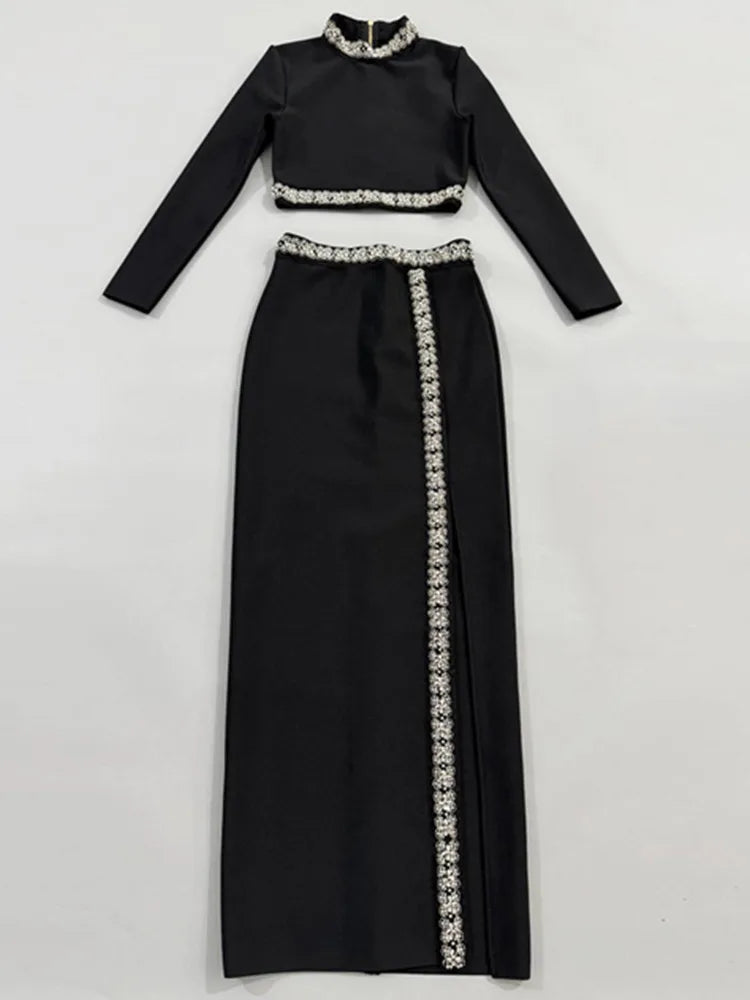Chic Black Turtleneck Beaded Maxi Two-Piece Set VestiVogue