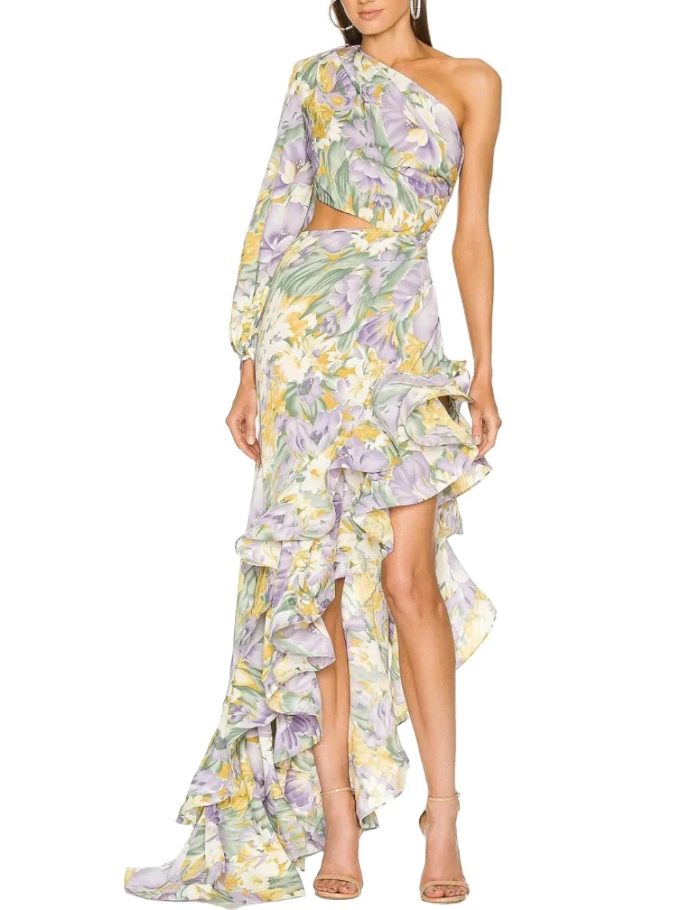 One Shoulder ruffled Long Chiffon Maxi Dress with split VestiVogue