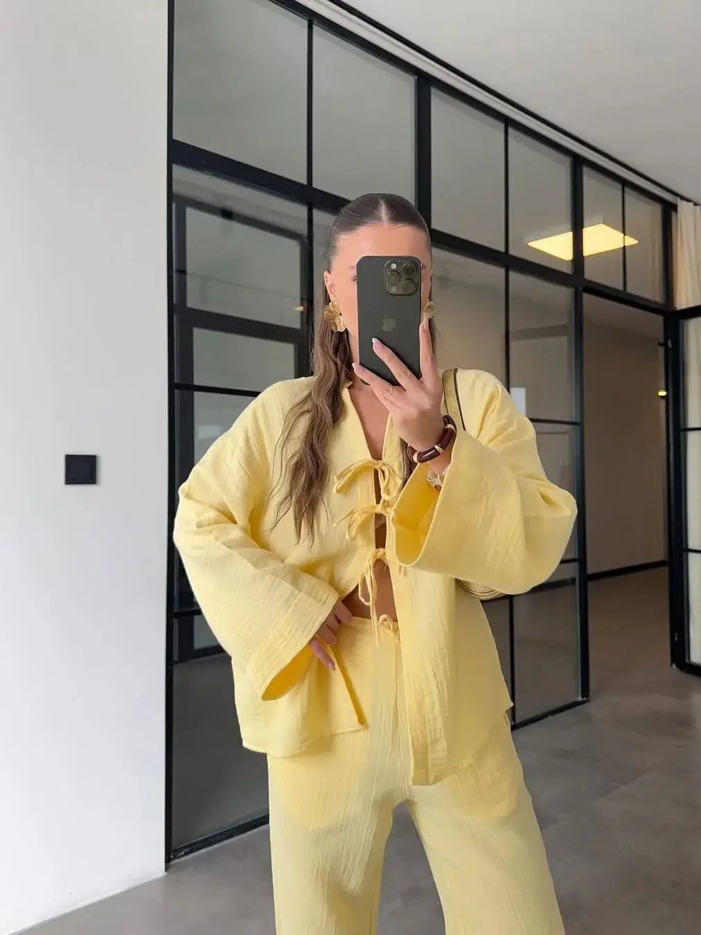 Chic Lace Up V-Neck and Wide Leg Trousers Set VestiVogue Yellow XL