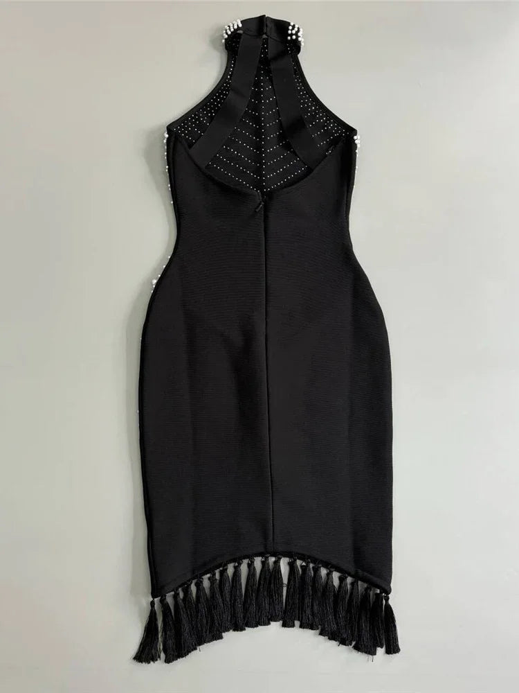 Halter Neck Backless Beaded Midi Dress VestiVogue