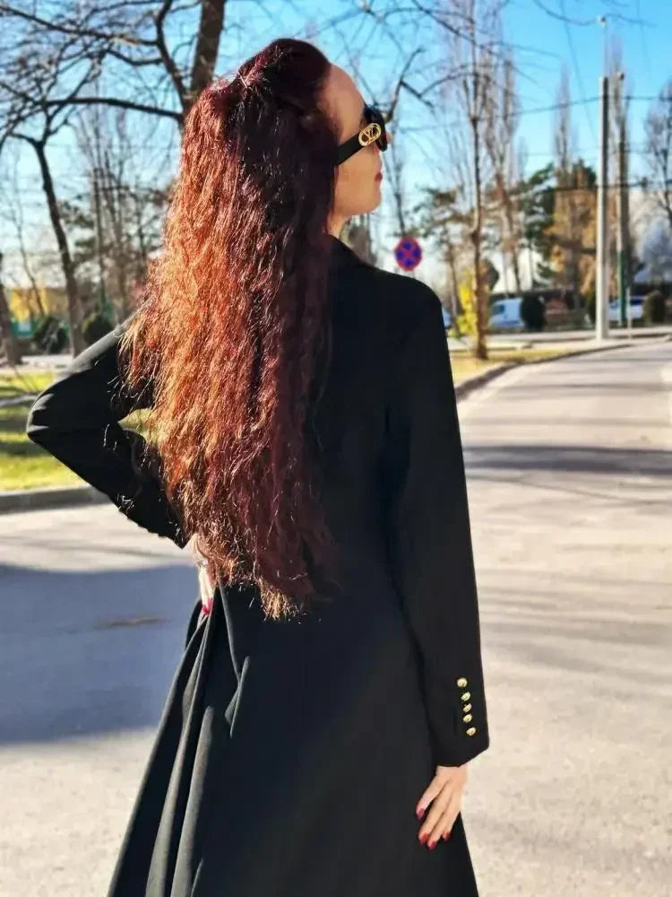 Elegant Extra-Long Notched Collar Blazer Coat with Split-Side Design VestiVogue