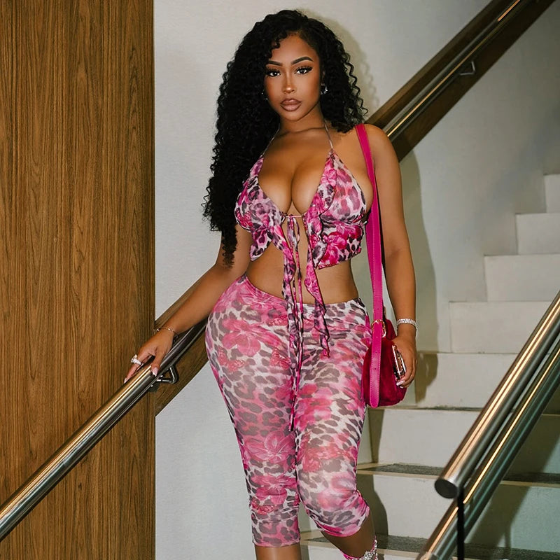 Floral Leopard Print Ruffle Tie Tank Top & Low Waisted Pants Set VestiVogue Deep Pink L