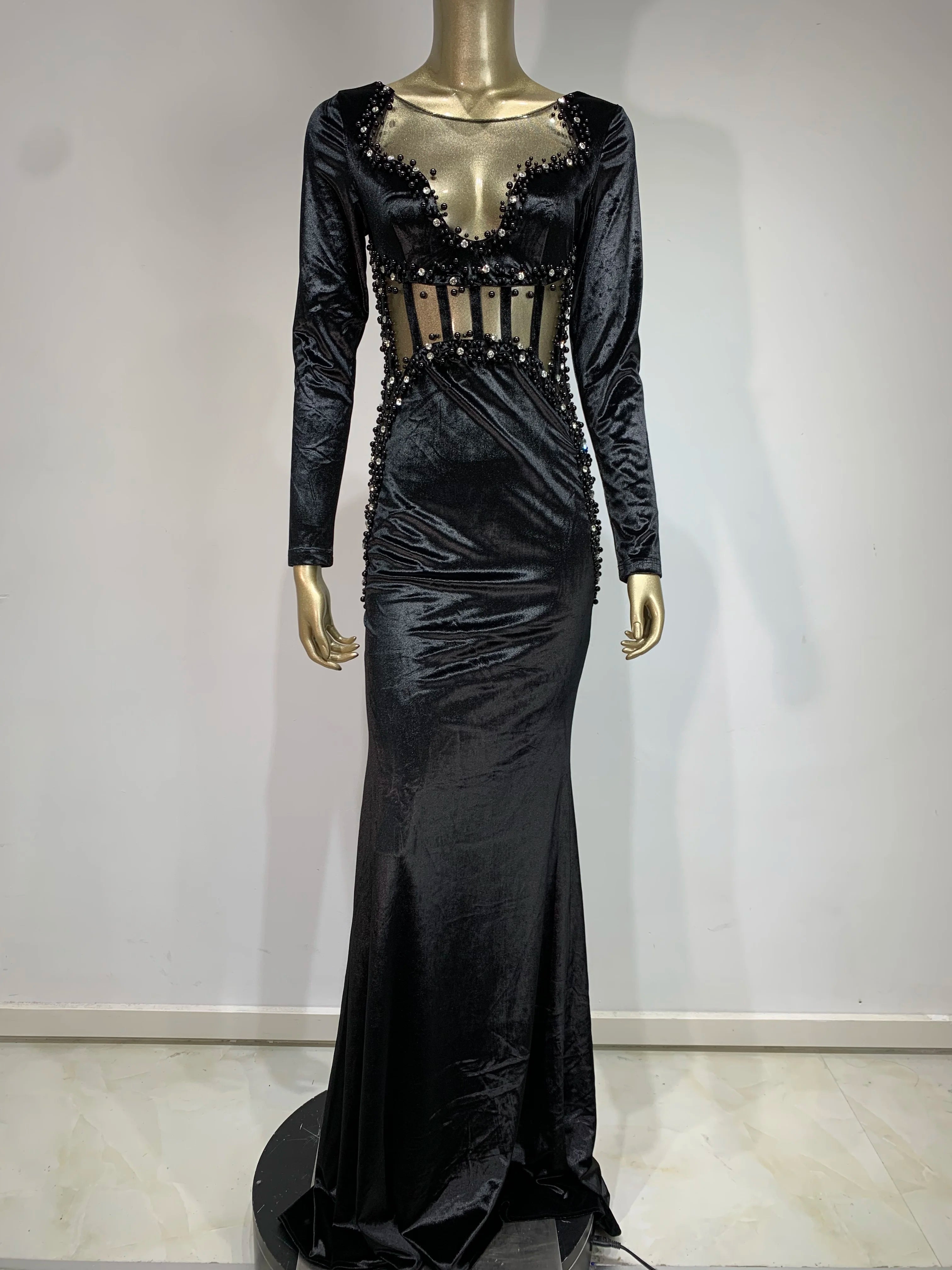 Luxury Black Velvet Diamond Mesh Maxi Dress VestiVogue