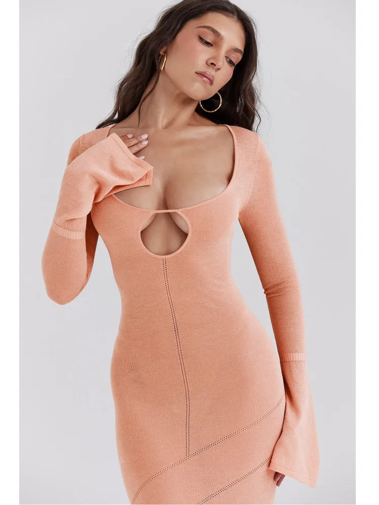 Hollow Knit Long Sleeve Sheath Dress VestiVogue